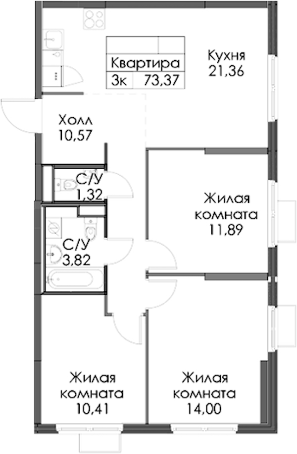 3-комнатная квартира 73.37 м², 9/12 эт., ЖК «Таллинский парк»